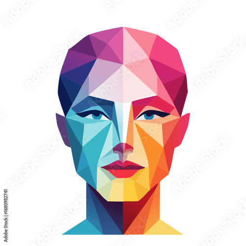 Abstract geometric portrait of a beautiful woman's face created with vibrant, colorful low polygon shapes on an isolated white background