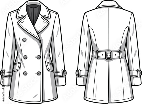 Double breasted women’s trench coat with belt and button detailing, fashion cad flat sketch, vector illustration front and back