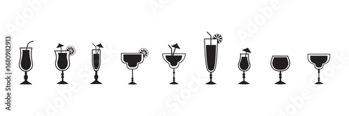 Collection of Cocktail and Drink. mojito glass with mint, margarita rimmed with salt, cosmopolitan with lime slice, old fashioned with orange peel, daiquiri in coupe glass, whiskey sour icon.