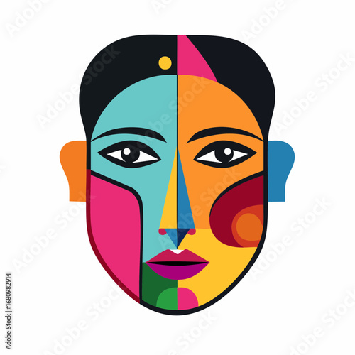 Vibrant abstract portrait concept of a woman's face, designed with colorful geometric shapes. A modern, minimalist vector illustration