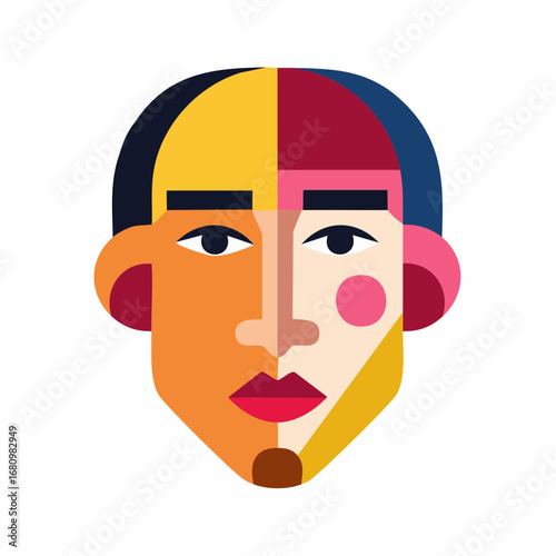 Stylized and colorful pop art face illustration created with geometric shapes, representing duality and modern identity