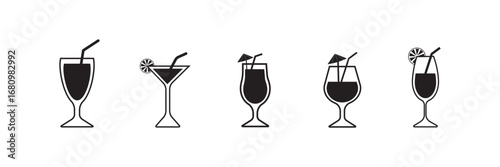 Collection of vector icons representing various types of beverages including cocktails and soft drinks for digital design use