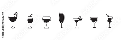 Collection of vector icons representing various types of beverages including cocktails and soft drinks for digital design use