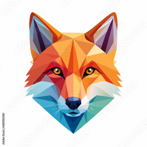 Colorful polygonal fox head illustration created with a vibrant geometric low poly design on an isolated white background