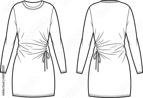 Long sleeve mini dress flat sketch, drawstring waist detail, CAD fashion illustration, technical dress design vector, template for apparel