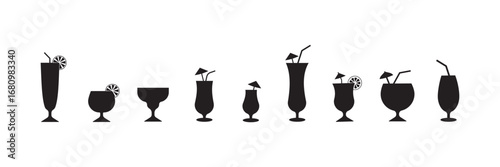 Cocktails icon set. Alcohol cocktail glasses bar set. Black Isolated Glasses of wine, glasses of beer, bar bottles and shot glasses. Vector illustration