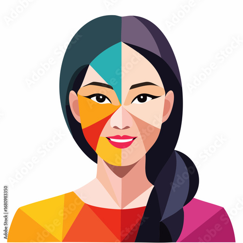 Creative abstract portrait of a multifaceted woman in a vibrant low-poly geometric style, representing diversity and identity