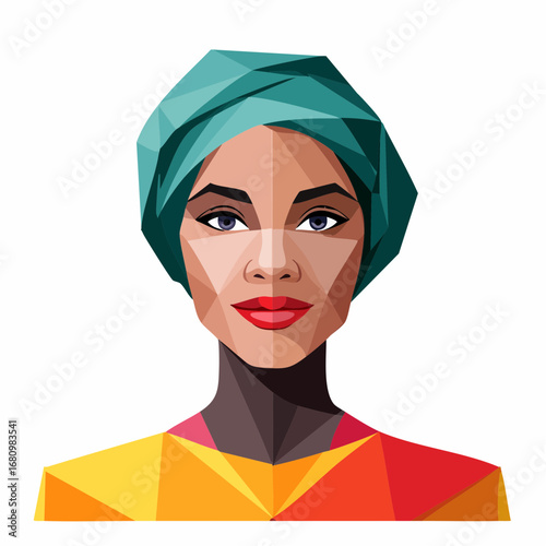 A vibrant conceptual illustration of a woman's portrait, crafted with geometric low poly shapes