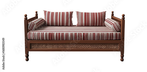 3d model of a  sofa with buttons, a scandinavian-style sofa with wooden legs, at a 45-degree angle, against a gray background, with a perspective grid on the floor and in the bottom-left corner 