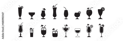 Set of cocktails. margarita, martini, mojito, whiskey, cocktail glass, lemon slice. Collection of Black and White Cocktail Icons.