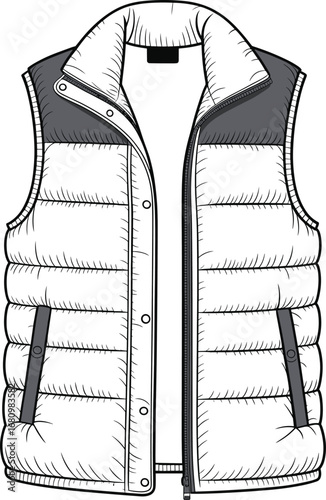 Men’s puffer vest with zipper and snap buttons, sleeveless winter jacket, padded outerwear, insulated, casual, front pockets, high collar, vector sketch, cad drawing flat vector illustration