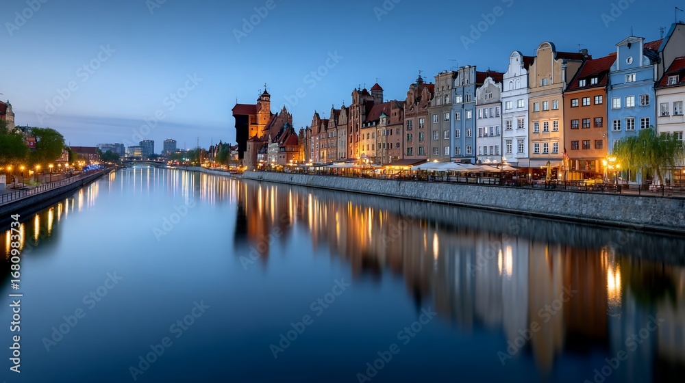 Fototapeta premium Waterfront city view with colorful buildings reflected in calm river at twilight