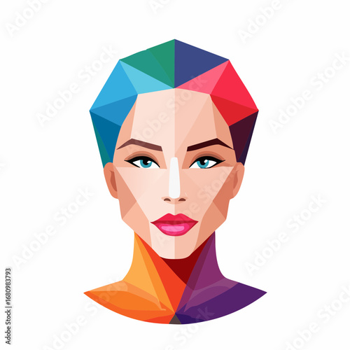 Modern vector illustration of a beautiful woman's face in a vibrant, geometric low-poly style, symbolizing creative expression and multifaceted identity