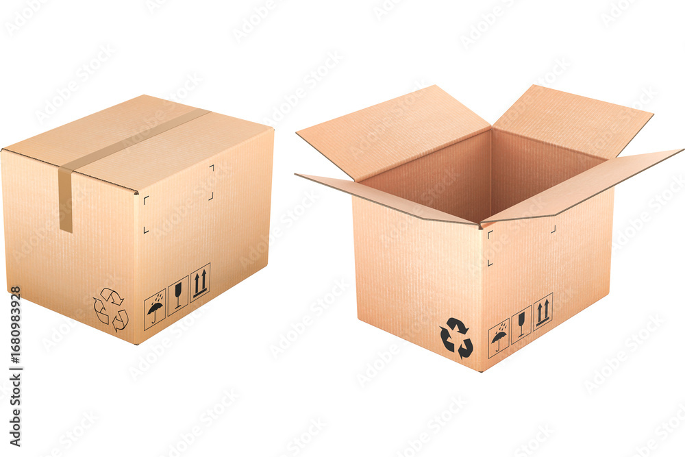 Fototapeta premium Parcels, cardboard boxes. Opened, empty and closed parcels, transparent background