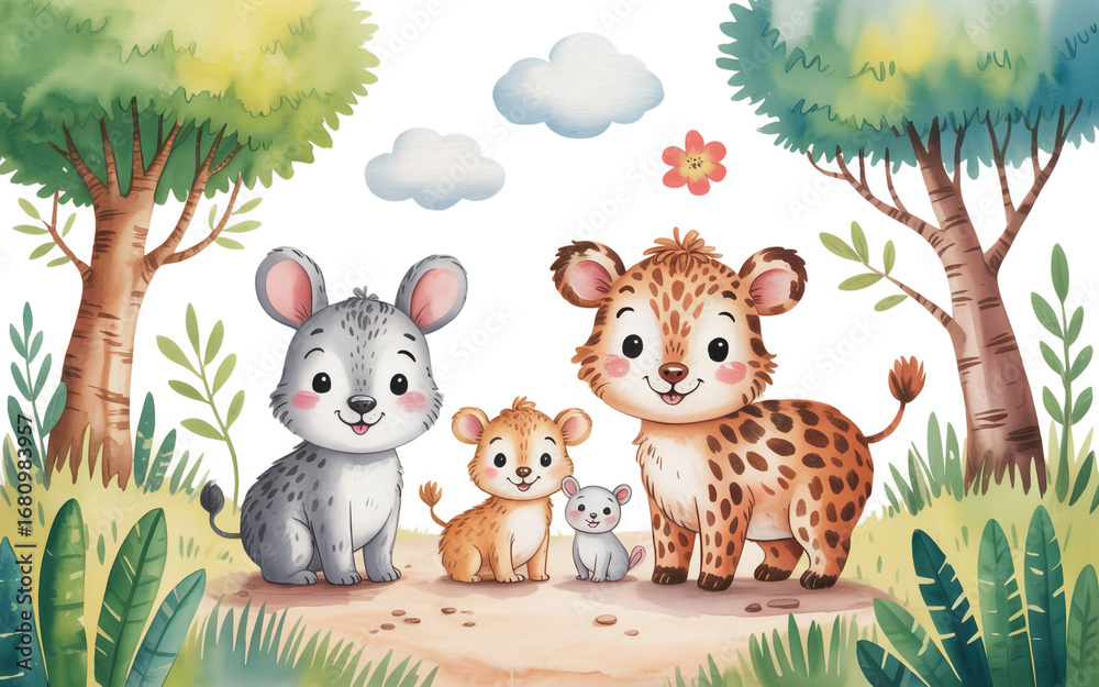 Obraz premium Watercolor illustration of a cute mouse and leopard family in a forest, creating a whimsical and adorable scene, perfect for childrens book