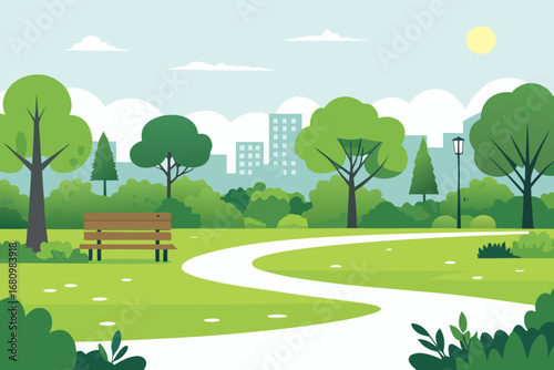 a serene park scene with trees bench and winding path