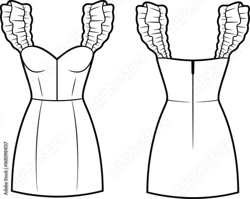 Ruffle strap mini dress flat sketch, CAD fashion illustration, sweetheart neckline dress design, vector template for women’s clothing