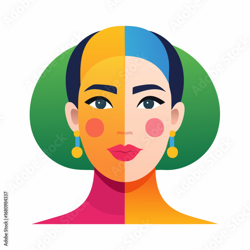 Colorful abstract portrait of a modern woman with a split face design, illustrating the concept of duality and diverse personality