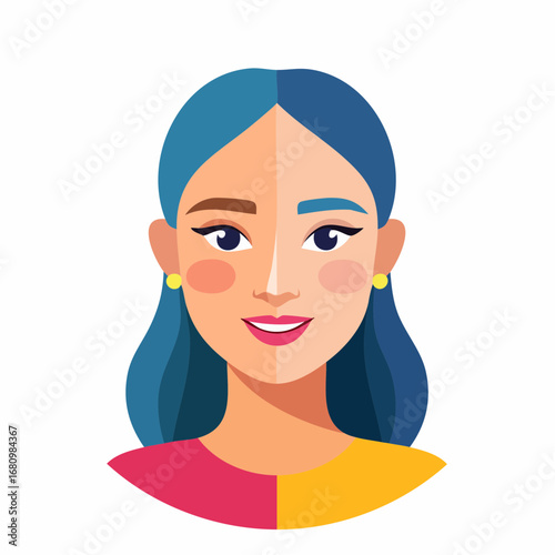 Modern flat design avatar of a happy woman with a split concept, showcasing a duality of two different styles and choices