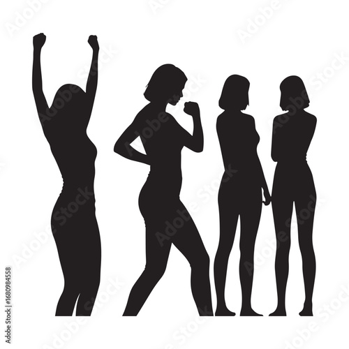  A minimalist illustration of four silhouettes of women in different poses.