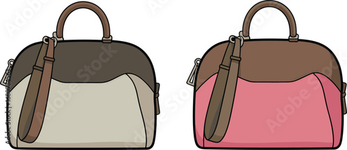 Stylish women’s handbag vector with shoulder strap, fashion cad drawing flat sketch front view, color-block leather bag design