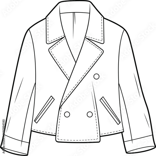 Stylish women’s cropped jacket with wide collar, double-breasted buttons, long sleeves, modern fashion, tailored fit, casual outerwear, vector sketch, cad drawing flat vector illustration