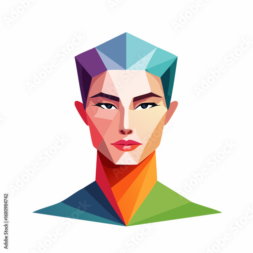 Colorful geometric portrait of a modern individual with stylized features, crafted in a low-poly style representing digital art and identity
