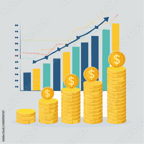 Growing financial success illustrated with upward trending bar graph and increasing stacks of gold coins.