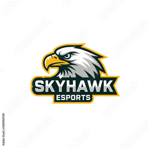 Fierce Skyhawk Esports logo Bold vector art featuring a golden eagle with penetrating gaze esports