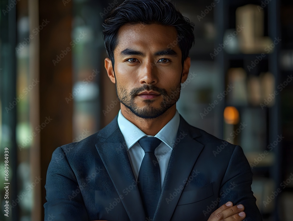 Fototapeta premium Confident and determined businessman in a dark suit looking directly at the with a serious expression in a modern professional setting