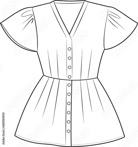 Women’s button-down blouse with V-neck, flutter sleeves, fitted waist, casual style, lightweight fabric, elegant design, summer wear, comfortable fit, cad drawing flat vector illustration