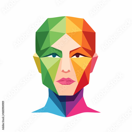Vibrant and colorful human face illustration created with geometric shapes. A modern abstract low-poly portrait with a rainbow palette