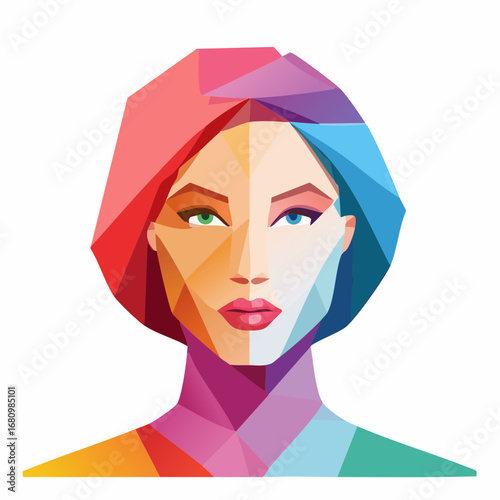 A striking low poly illustration of a woman's face, with a dual-color scheme representing different emotions or identities