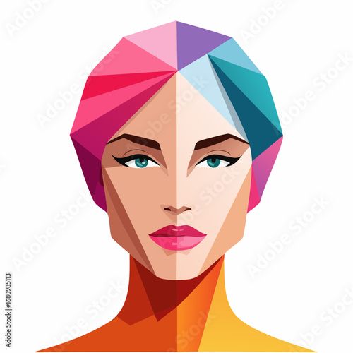 Conceptual geometric portrait of a woman's face in a modern low poly style. Abstract beauty with vibrant, colorful polygon hair on a white background
