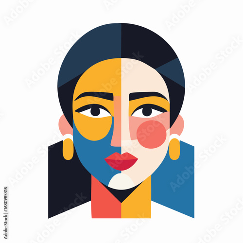 Geometric abstract portrait of a woman's face with colorful shapes, a modern illustration representing female identity and diversity