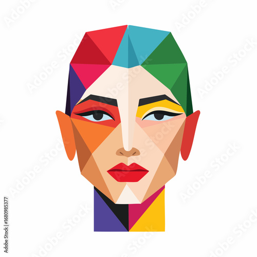 Striking pop art portrait of a woman's face in a geometric low poly style, representing modern diversity and beauty