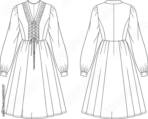 Women's lace-up long sleeve midi dress, front and back view fashion CAD, vintage-inspired design, elegant flat vector illustration