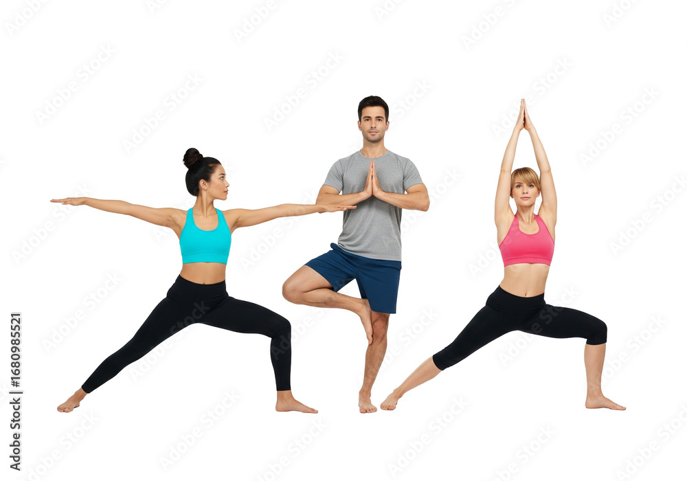 Fototapeta premium Group Practicing Yoga Poses on White Background
