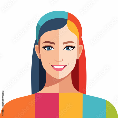 Modern flat vector portrait of a beautiful woman with a spectrum of colors in her hair, representing creativity and a multifaceted personality