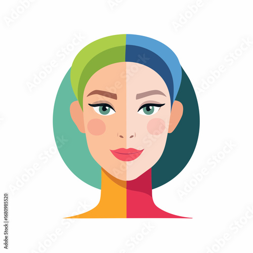 Conceptual illustration of a woman's face divided into four color quadrants representing personality types or seasonal color analysis