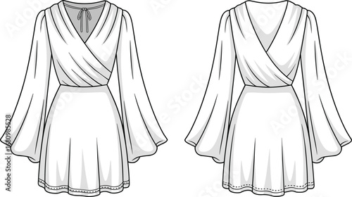 Wrap dress CAD drawing, front and back view, flat fashion sketch, flared sleeve template, technical illustration for sewing design
