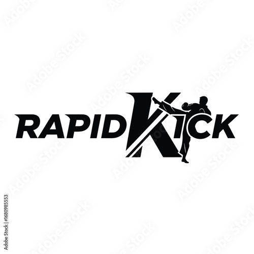 Dynamic RapidKick logo fighter silhouette executes precise kick striking black ink crisp vector art