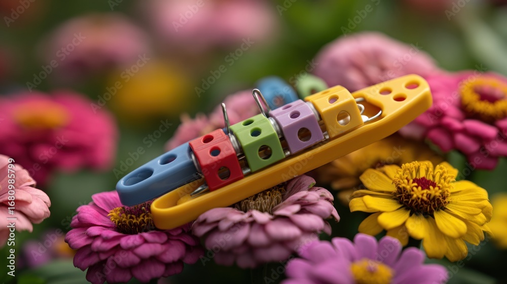 Naklejka premium Colorful, miniature, boat-shaped toy rests on vibrant flowers