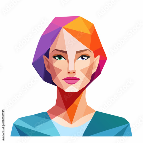 Abstract digital art of a woman's face in a low polygon style, featuring vibrant, colorful geometric shapes and a modern aesthetic