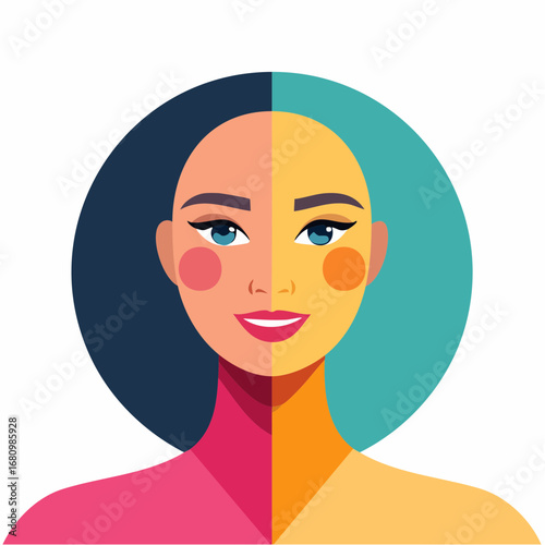Conceptual vector art of a woman's face split into two contrasting color palettes, illustrating duality, mood, and personality