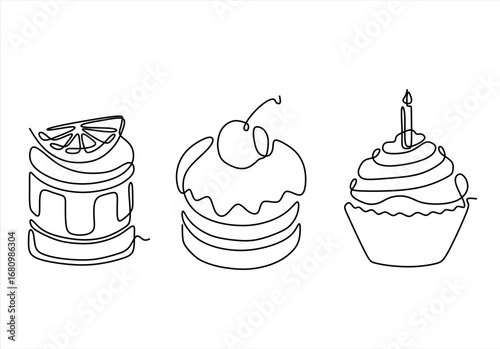 Line art cakes lemon, cherry, and birthday cupcake. Logo in Line Art. line icon-continuous line drawing. Editable stroke. 
