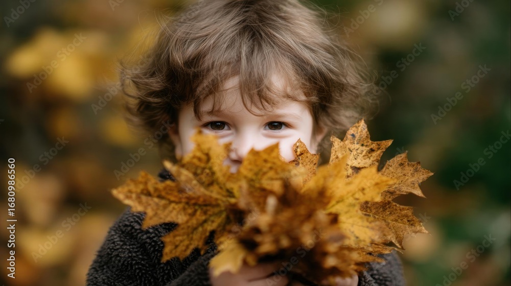 Fototapeta premium Close-up portrait of a young child, likely a toddler, holding a bunch of autumn leaves in front of their face. the child has curly brown hair and is wearing a gray sweater.