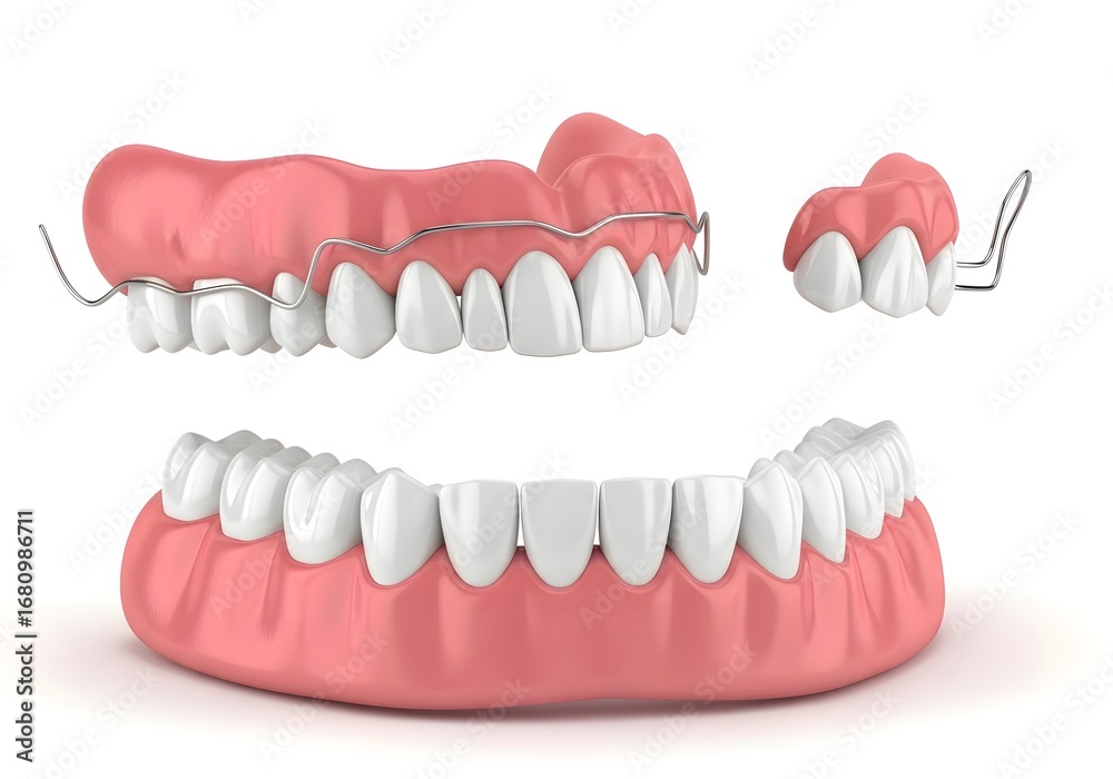 Obraz premium A set of dentures and partial dentures with metal clasps displayed on a white background surface