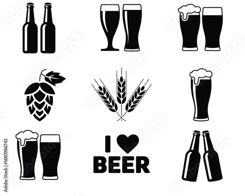 Alcohol Drink Icon Set,  Minimalist Beer Collection with Bottles, Mugs, Hops, and Wheat, Modern Vector Symbols for Brewery, Pub, and Festival Design