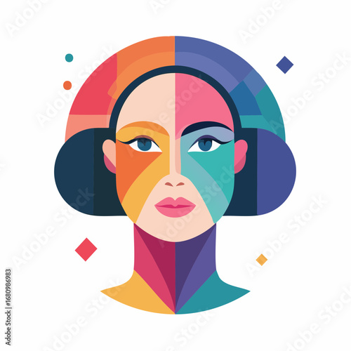 Geometric pop art vector illustration of a diverse woman's face with colorful patterns and headphones, representing creativity and modern identity
